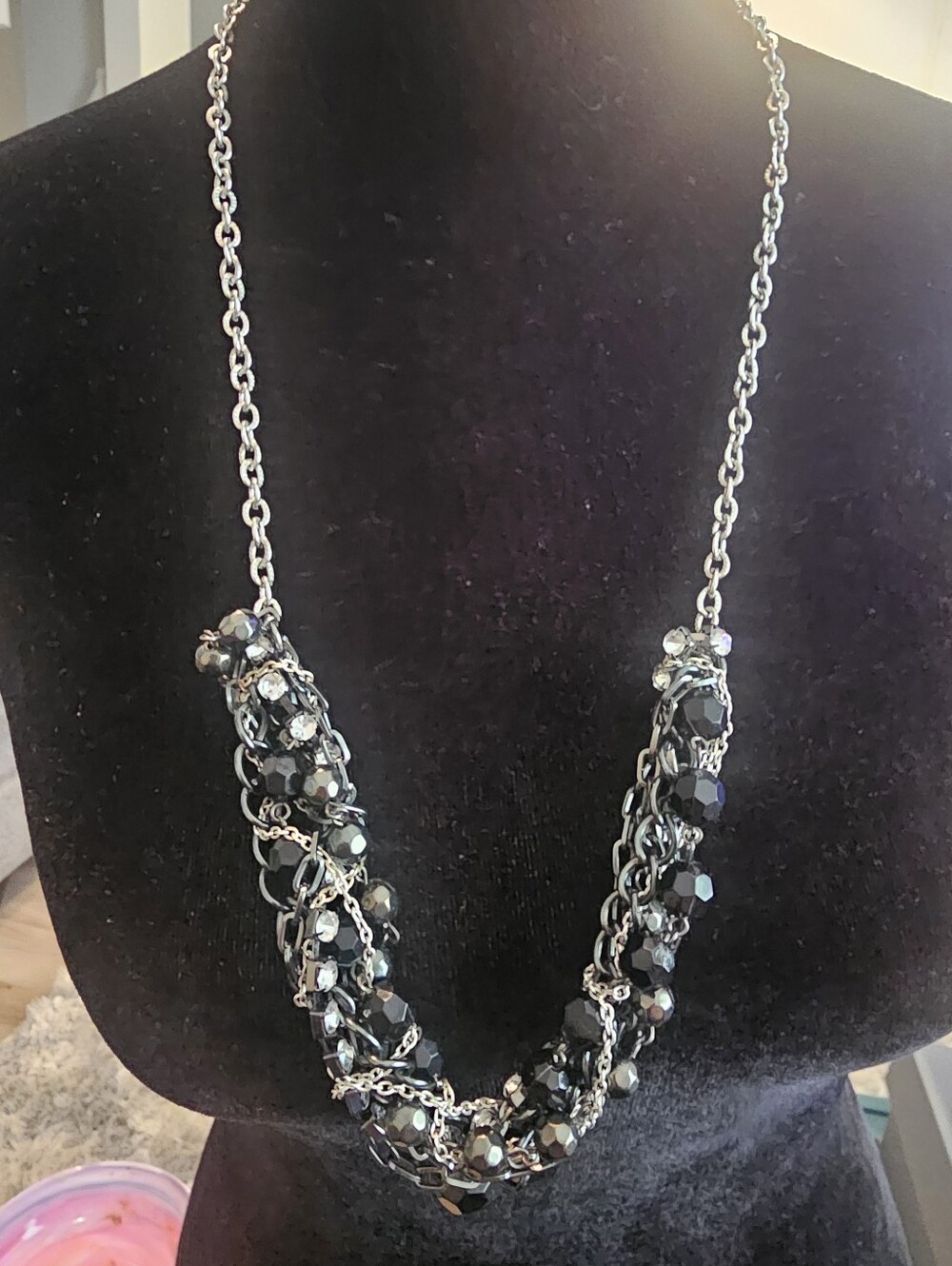 Vintage American Eagle Outfitters Silver-Tone Black Beaded Statement Necklace